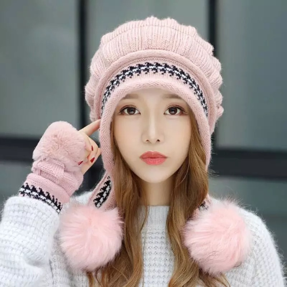 Chic Pink Fleece Lined Beanie with Fur Pom Poms & Fingerless Gloves - Picture 4 of 16